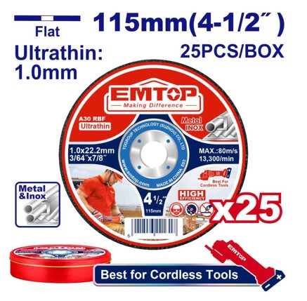 Ultra-Thin Metal Cutting Disc Set 25pcs, 115mm x 1.0mm x 22.2mm, Flat Centre, For Metal & INOX, 13300 RPM, Metal Box Packing